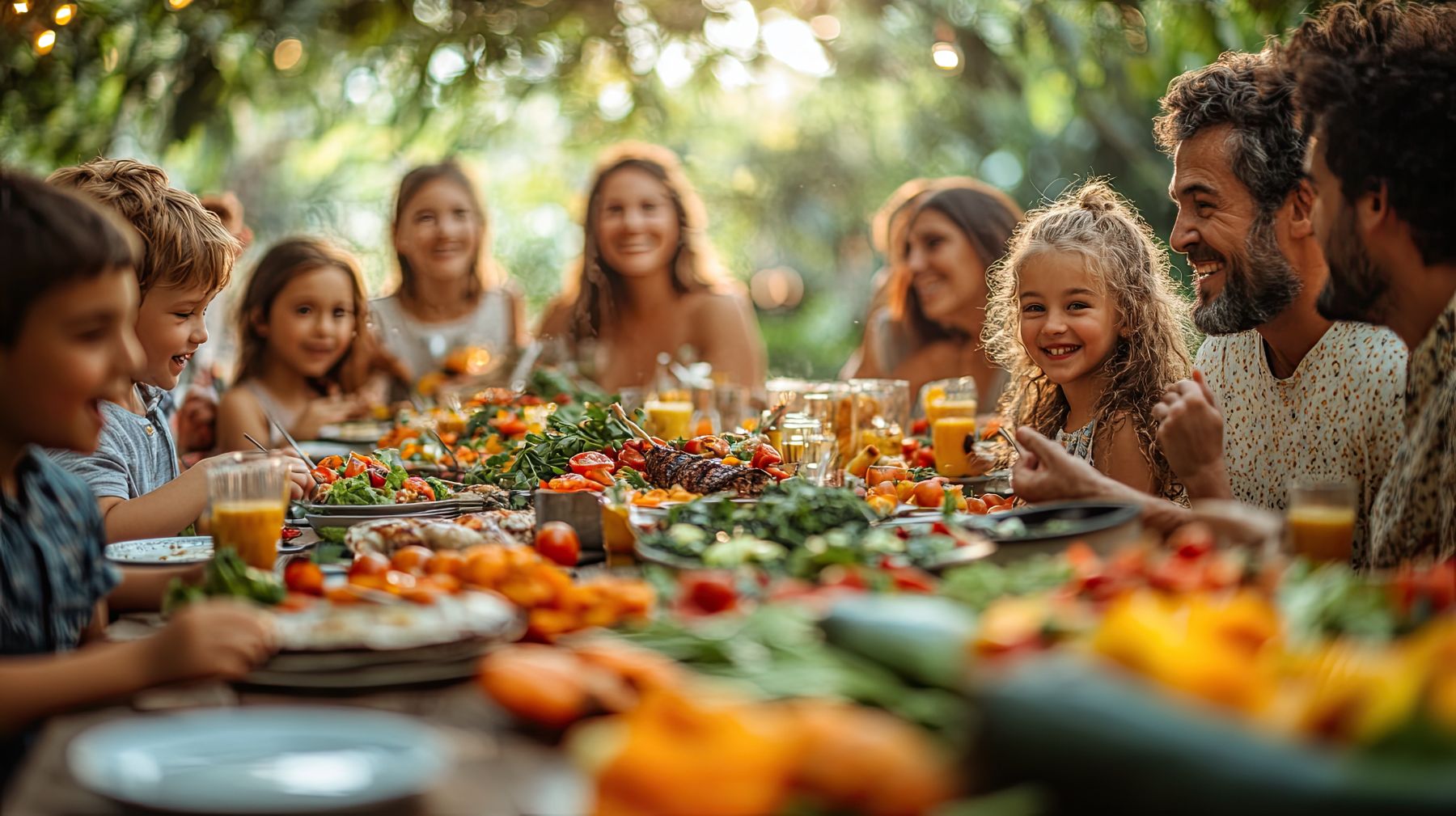 Familie und Kinder lachen an einer reich gedeckten Tafel im Garten