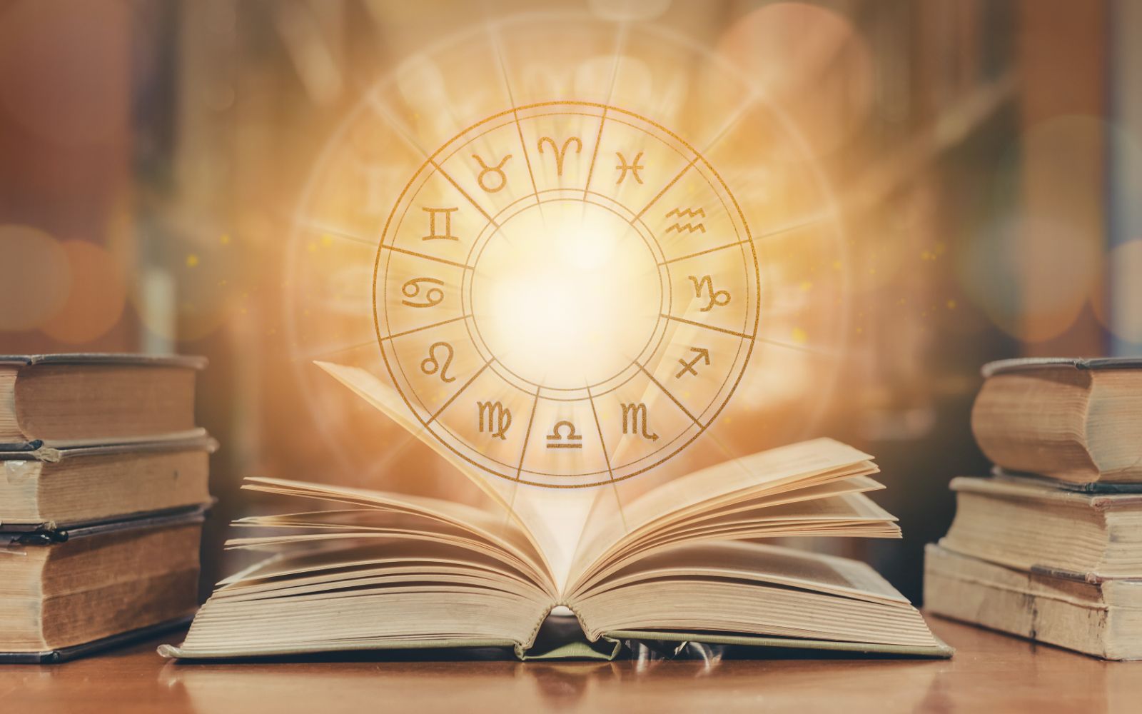 Aufgeschlagenes Buch mit leuchtendem Wissenskreis, umgeben von alten Büchern — die Essence Library
